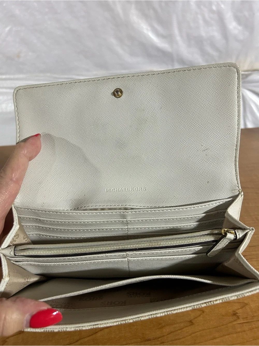 Michael Kors Cream Monogram Continental Wallet with Logo Emblem